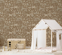 Vintage Brown Wildlife wallpaper behind a white house-frame bed and wooden toy chest in a playroom