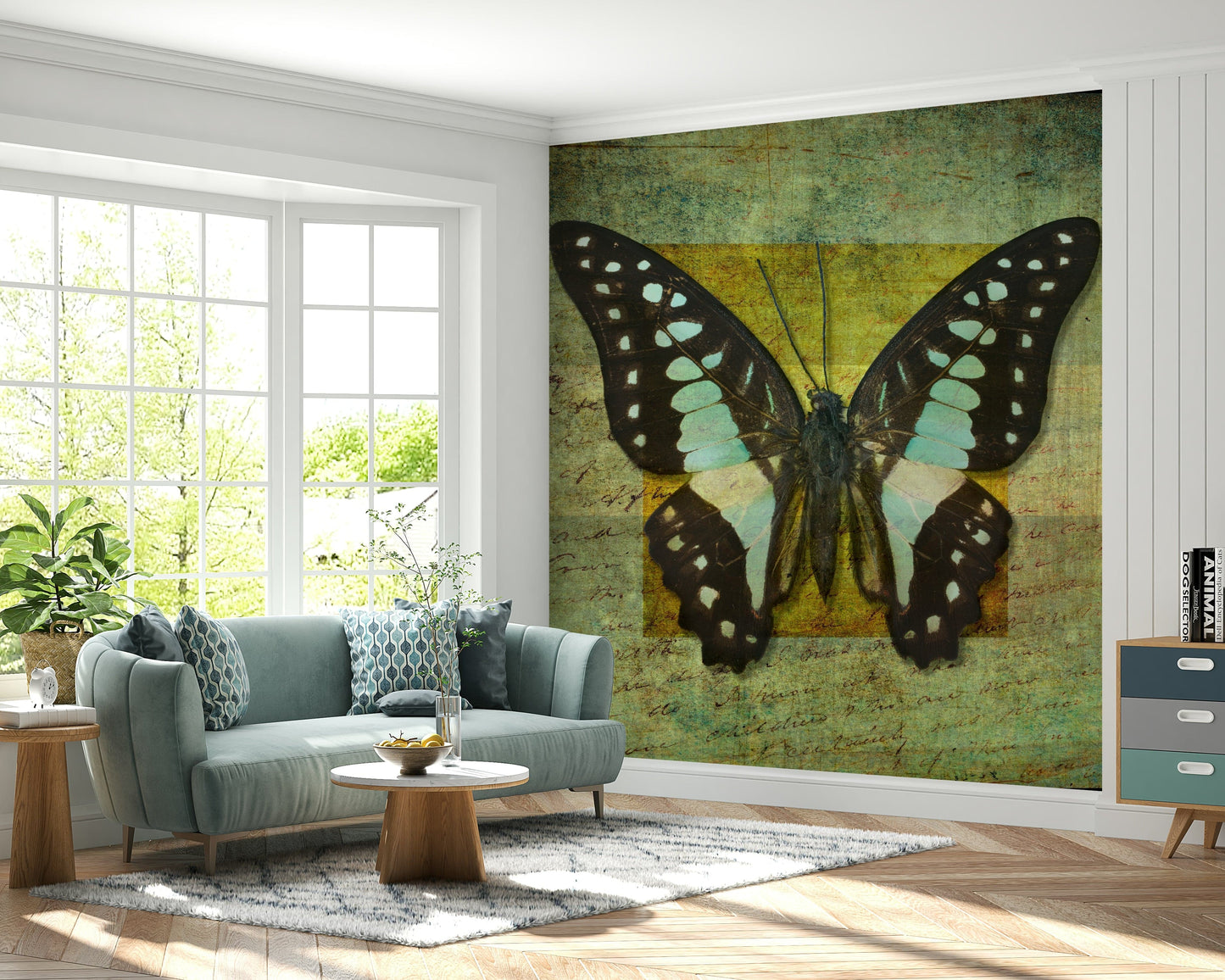 Shabby chic Gilded Butterfly wall mural with weathered text and elegant moth