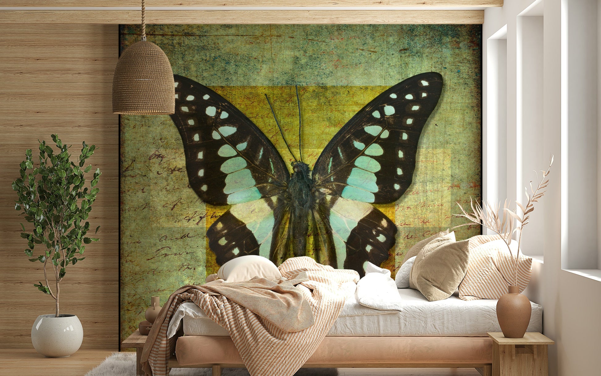 Artistic Gilded Butterfly wall mural incorporating old manuscript handwriting visuals