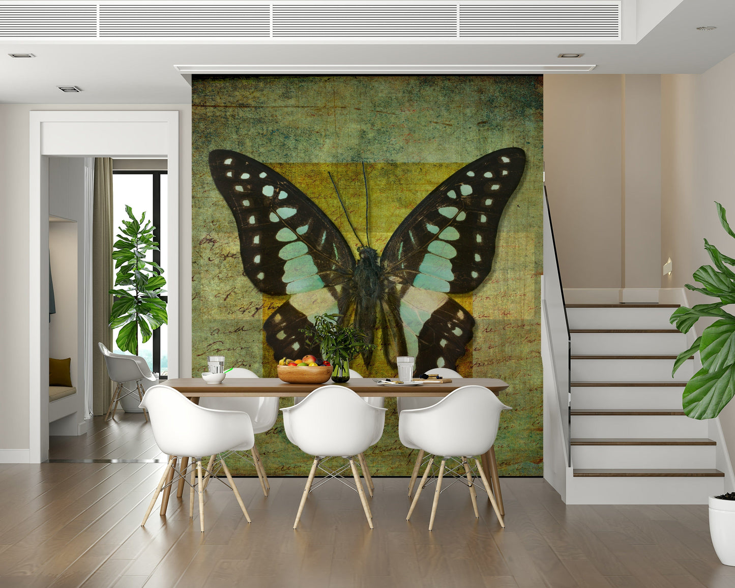 Gilded Butterfly wallpaper featuring vibrant azure markings on parchment style surface