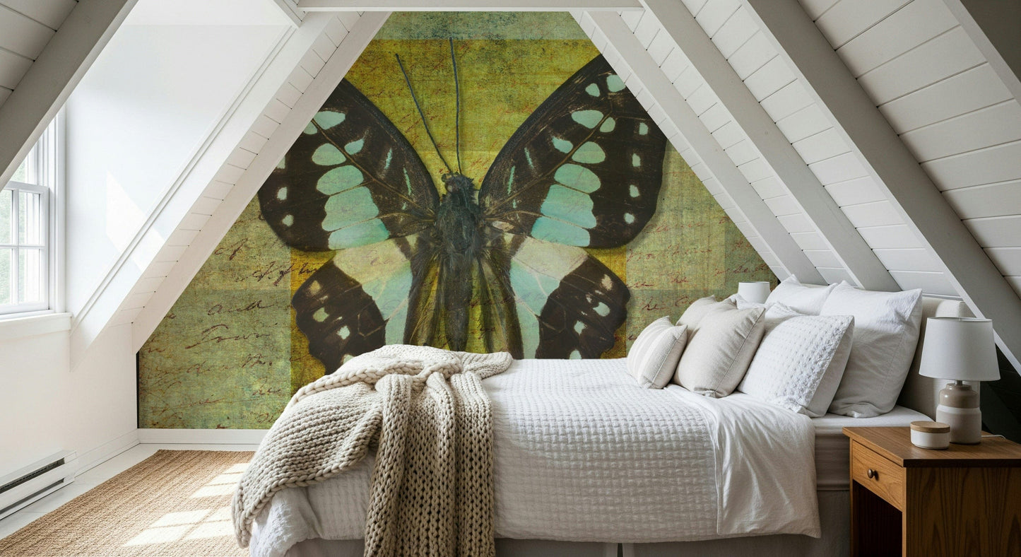 Vintage Gilded Butterfly wall mural with golden square overlay and grunge details
