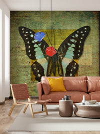 Unique Gilded Butterfly wall mural with abstract collage feel and nature motif