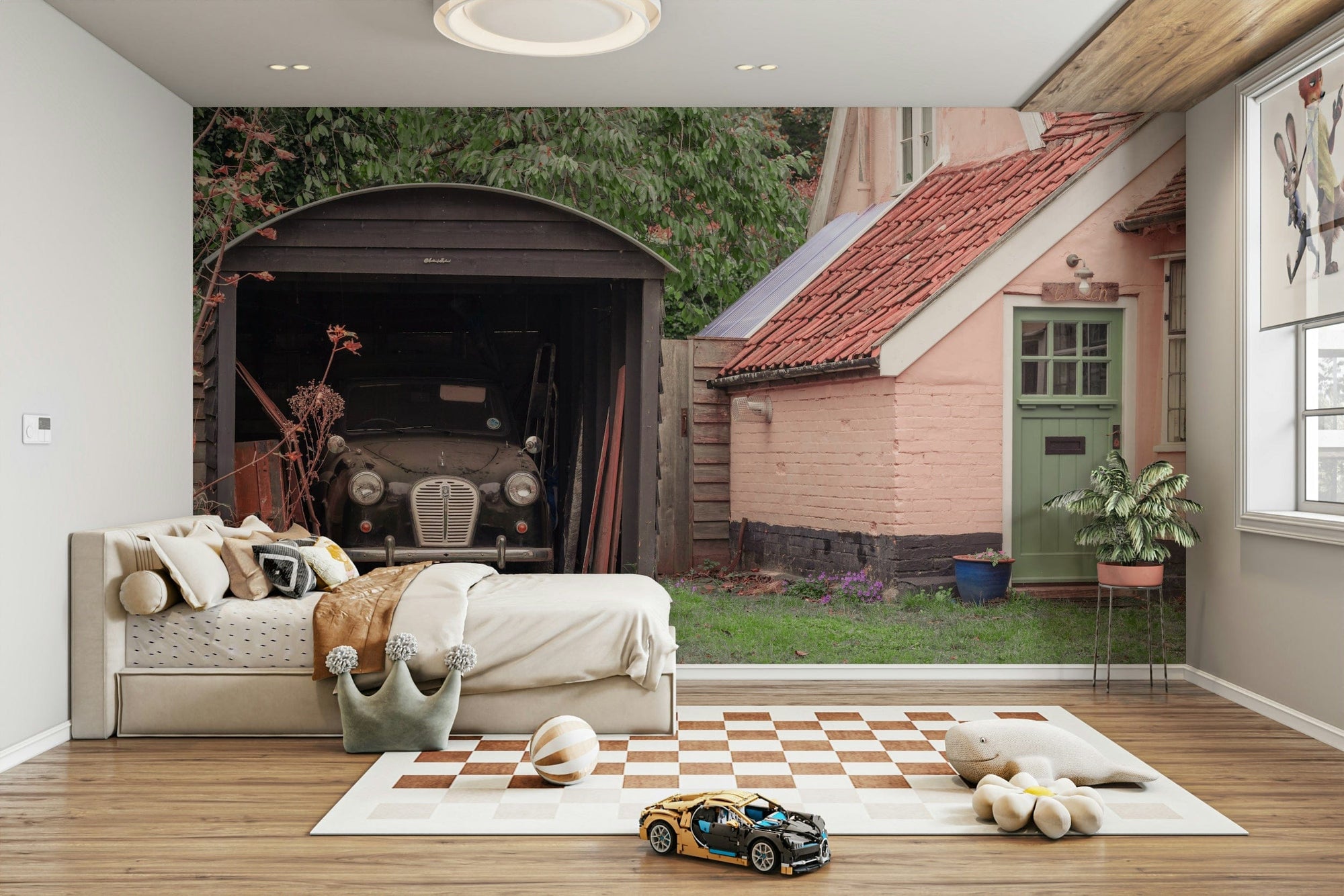A calming rustic scene wallpaper mural that defines a space.

