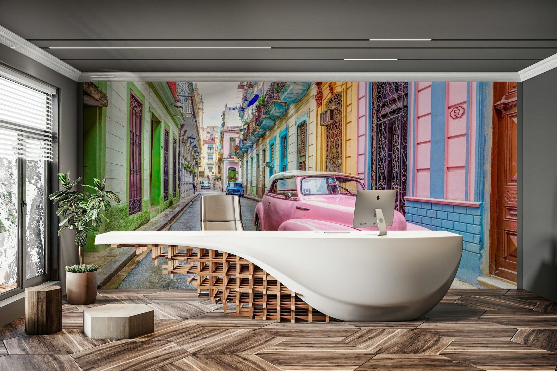 Vintage convertible car mural in Havana setting

