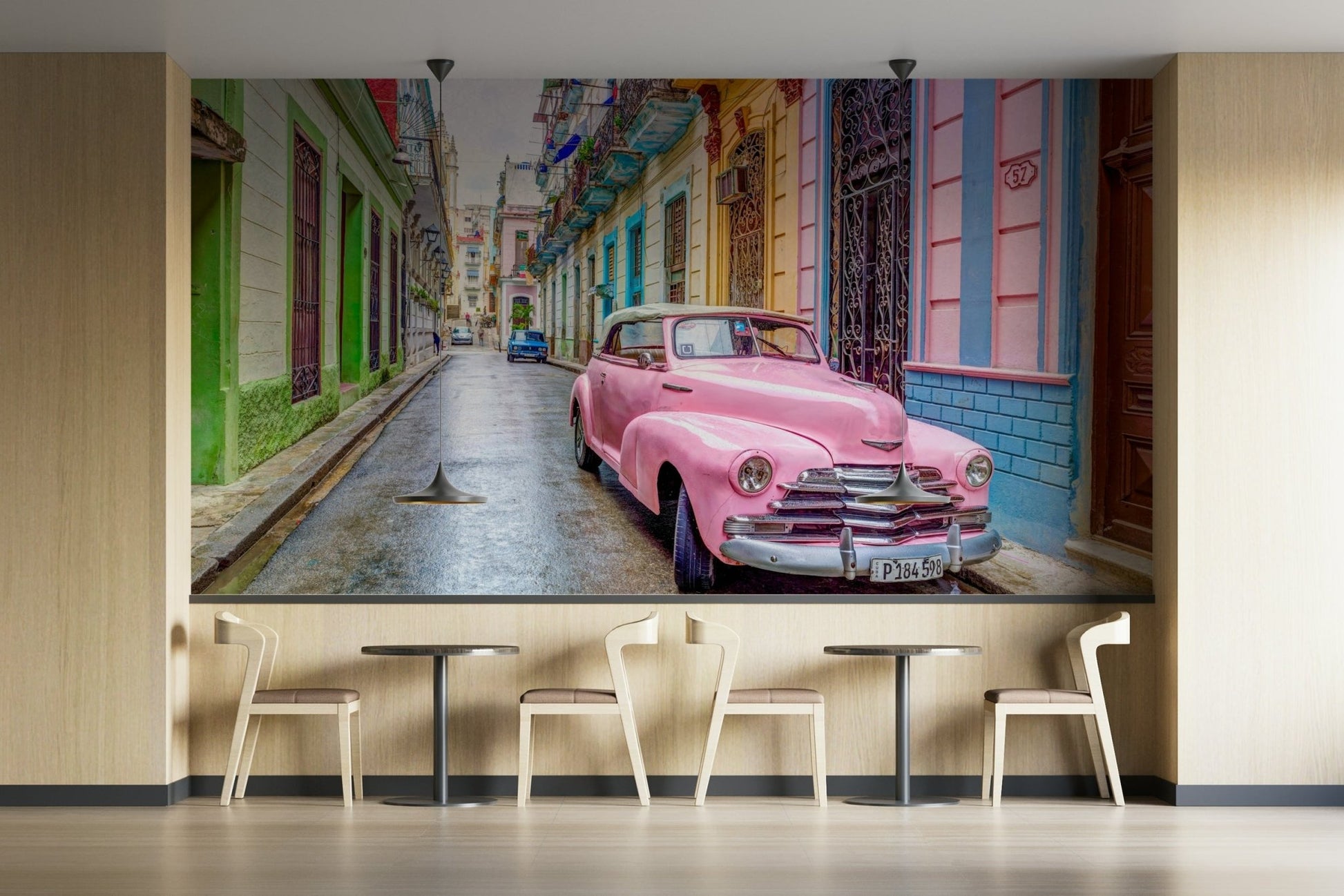 Havana street scene wall mural with antique car

