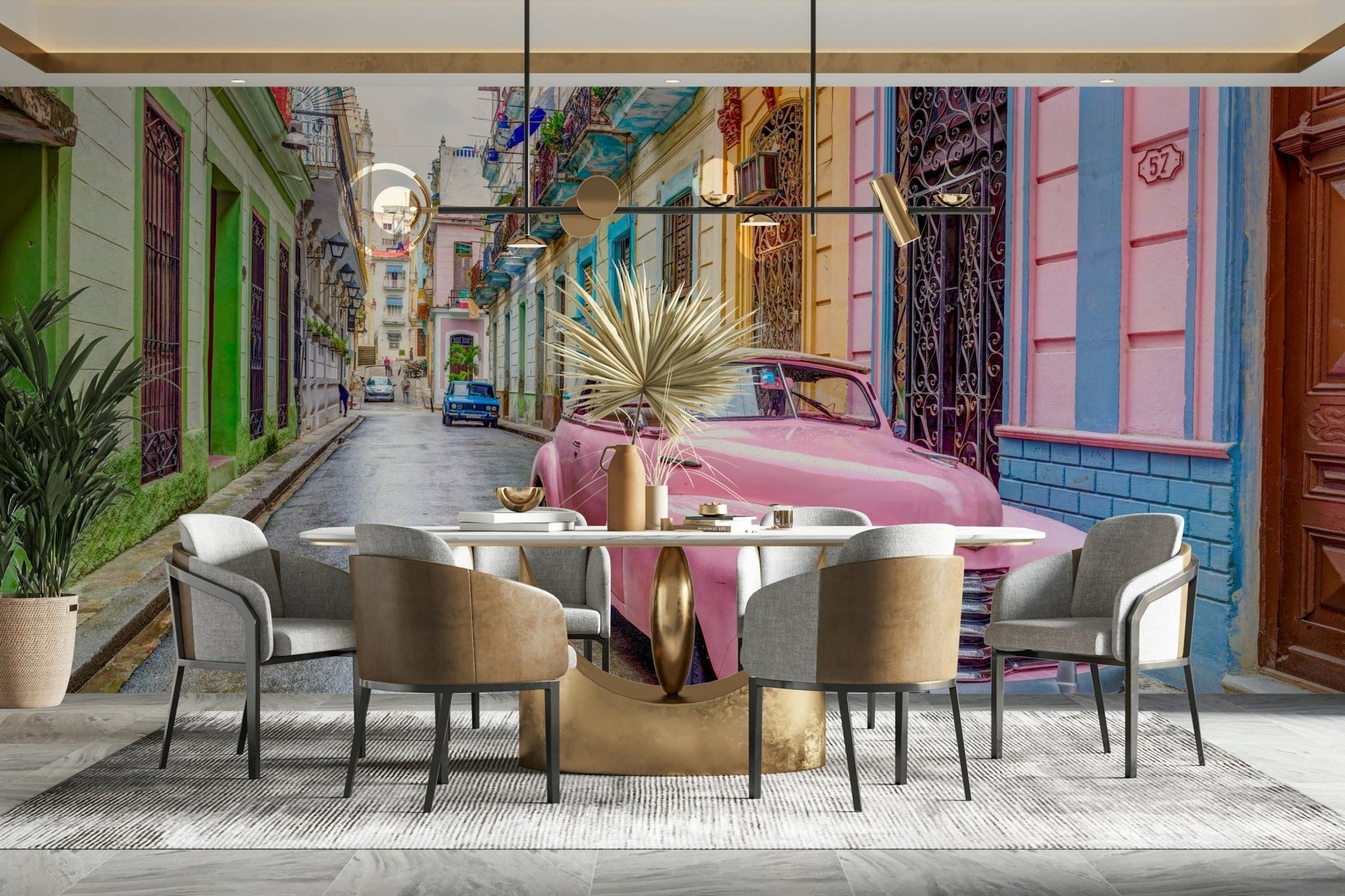 Pastel-colored buildings and retro car mural design

