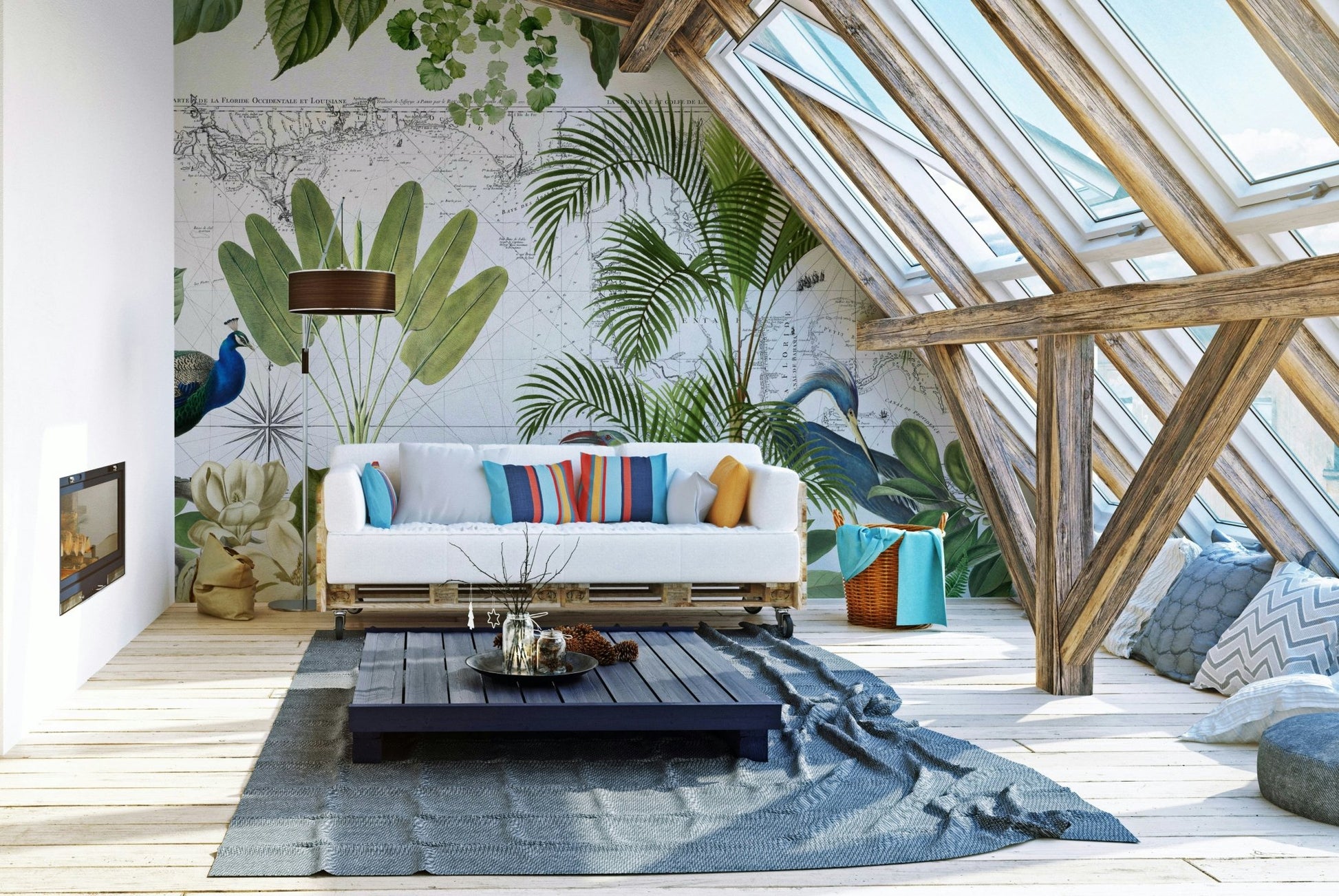 Exotic bird and palm mural in vintage style