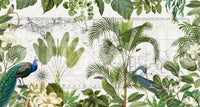Vintage exploration mural with birds and leaves