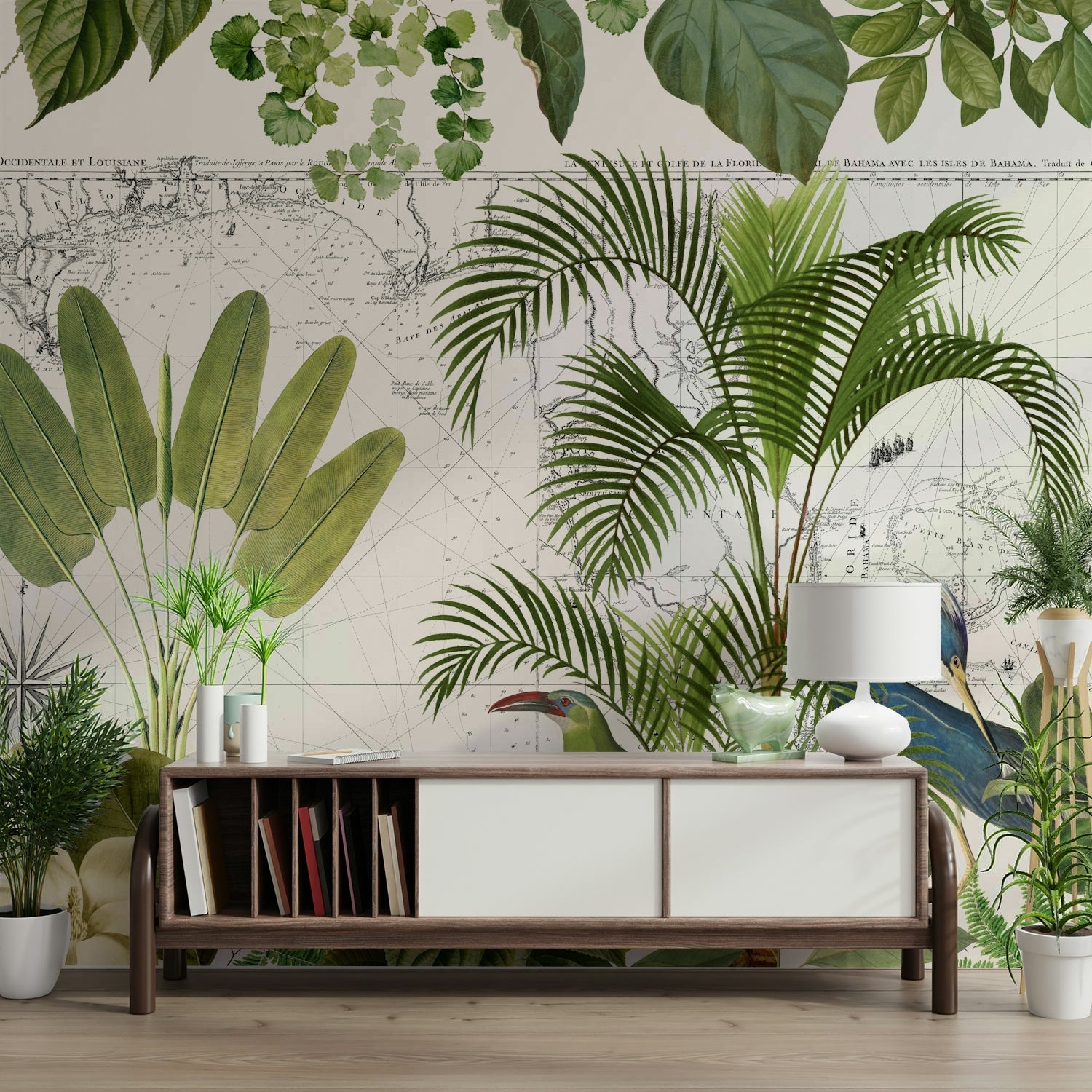Tropical jungle wallpaper with retro style maps

