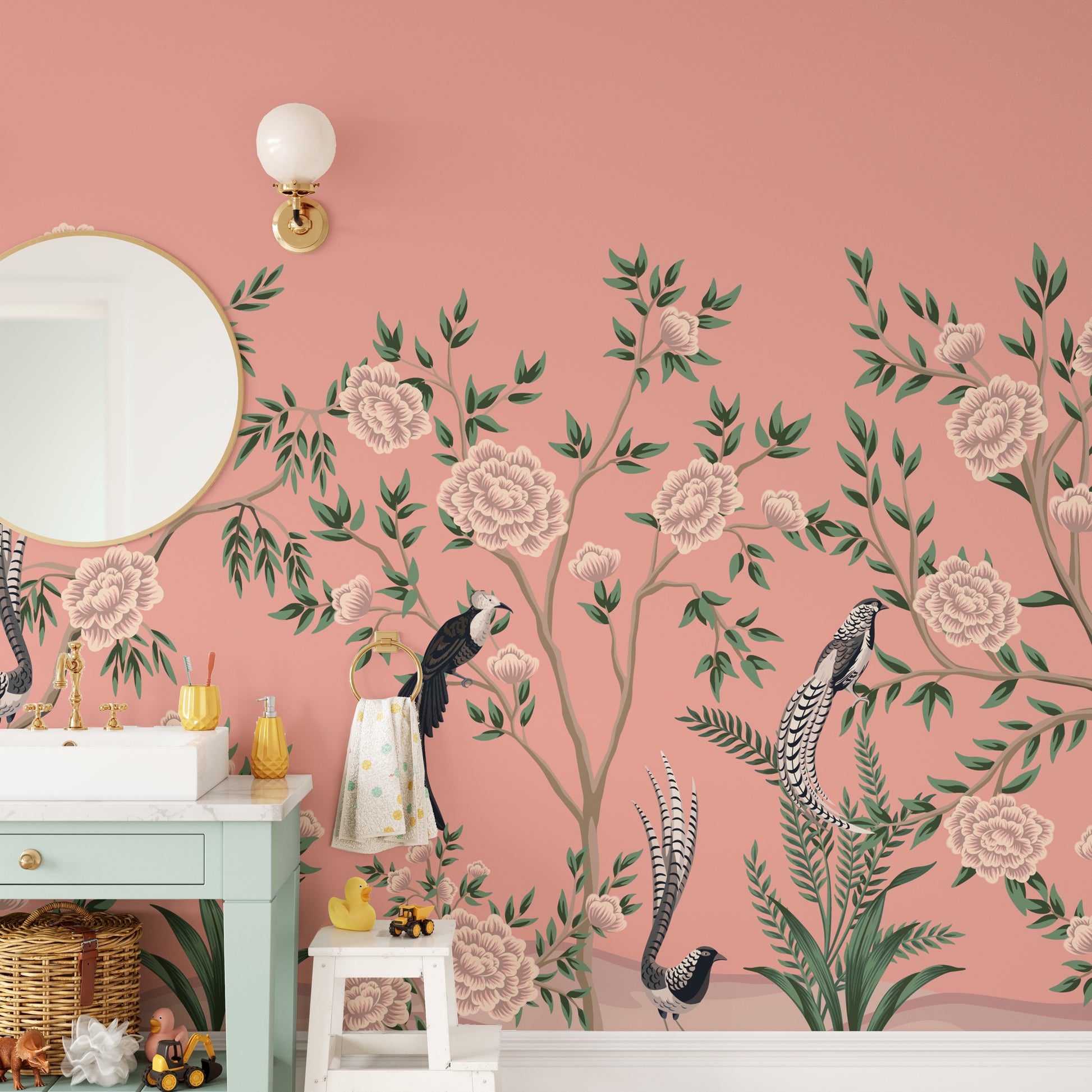 Vintage Chinoiserie Floral wallpaper mural close-up of coral roses and pheasants in a kids bathroom with mint vanity