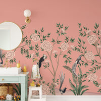 Vintage Chinoiserie Floral wallpaper mural close-up of coral roses and pheasants in a kids bathroom with mint vanity