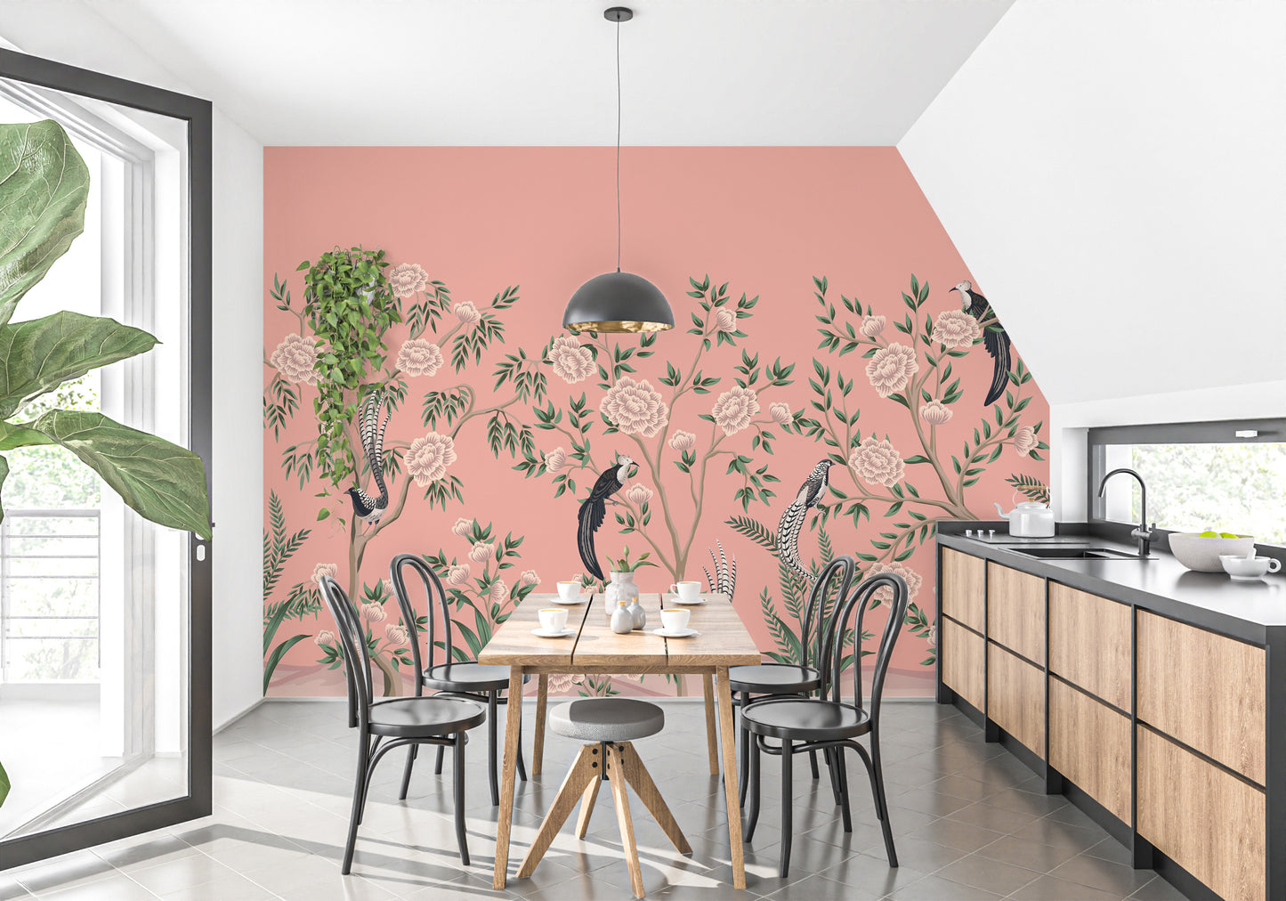 Vintage Chinoiserie Floral wallpaper mural in coral with roses and birds behind a wood dining table and pendant lamp