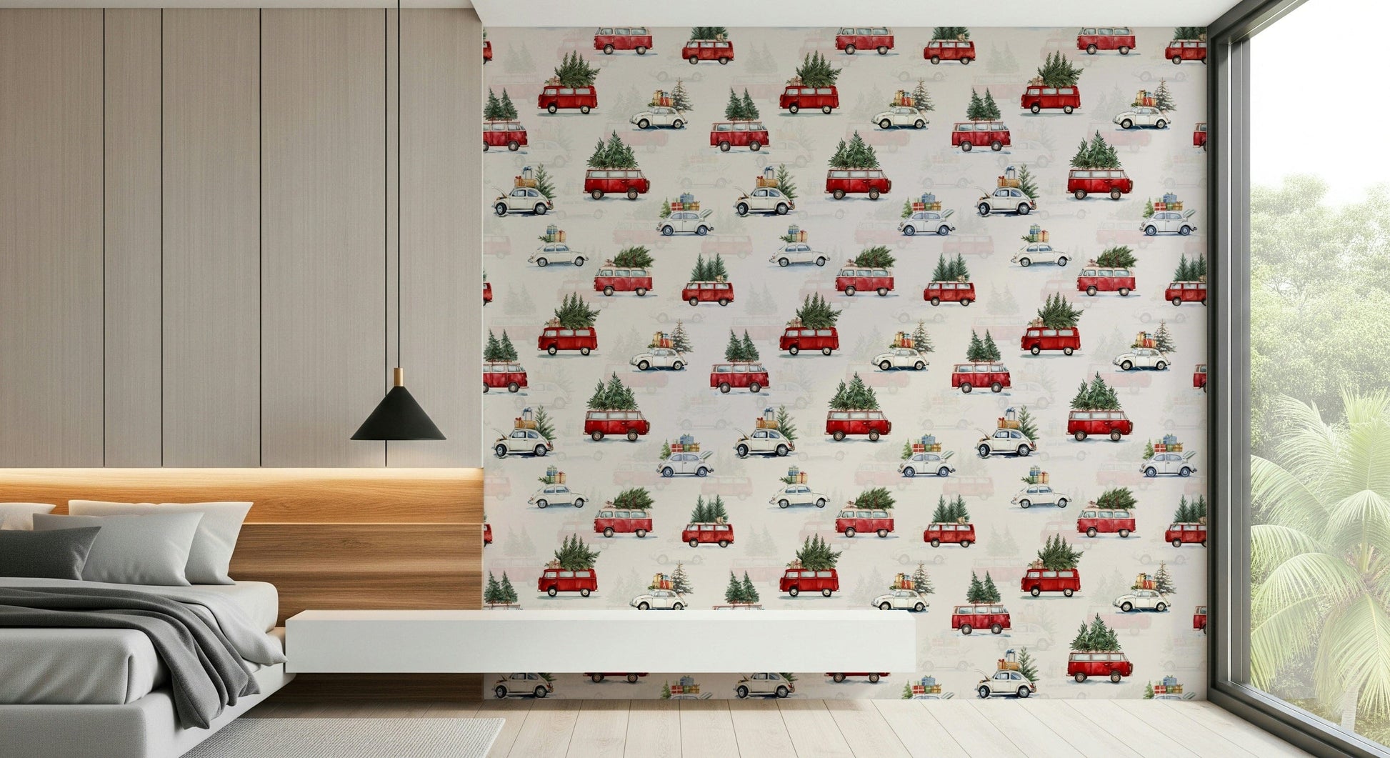 Cute illustrated wallpaper with playful camionette icons for modern, family-friendly décor.