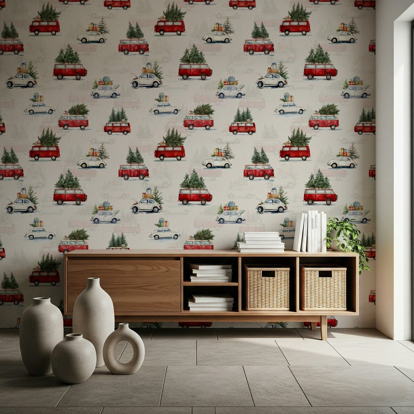 Vintage-inspired wallpaper with illustrated camionettes perfect for kids’ rooms or creative spaces.