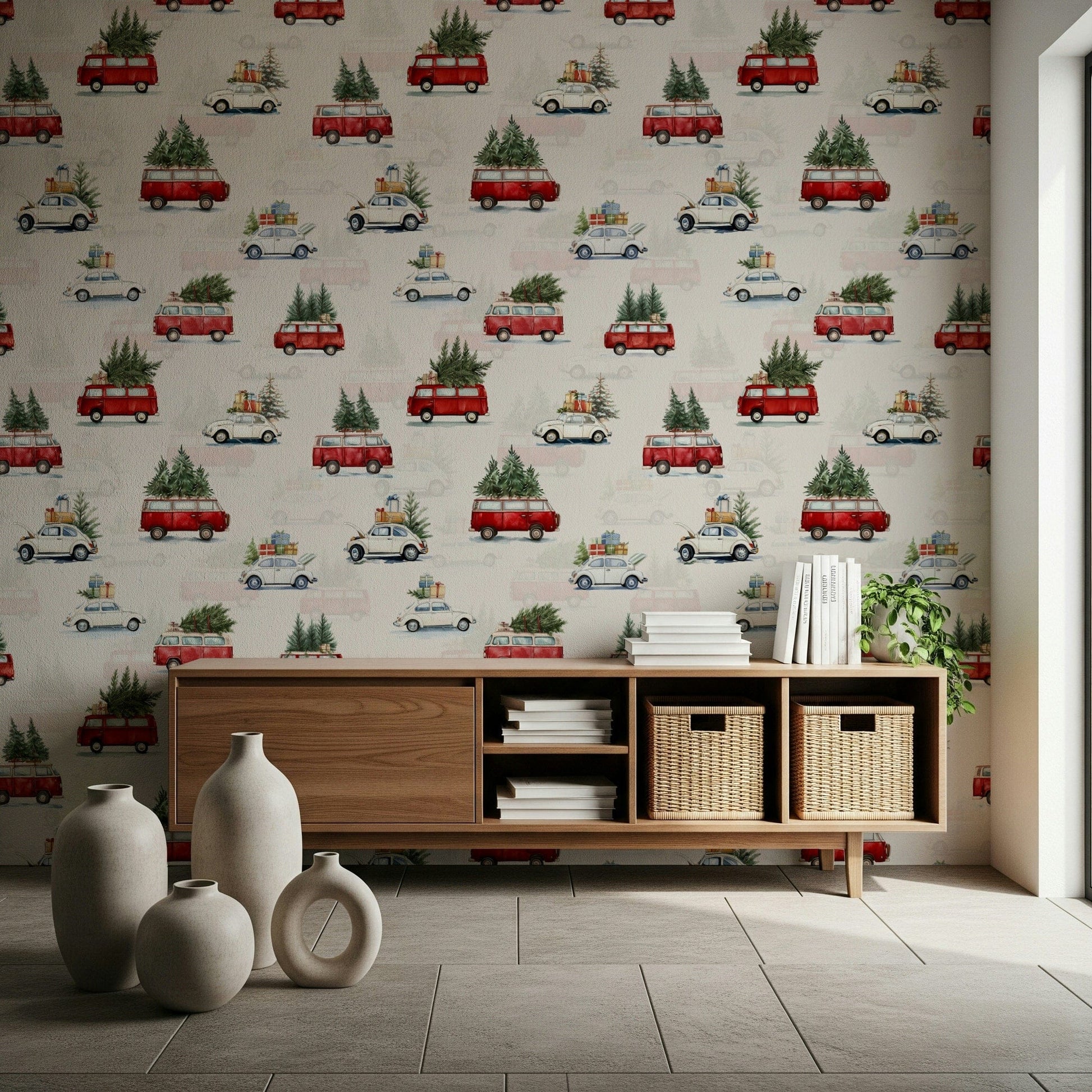 Vintage-inspired wallpaper with illustrated camionettes perfect for kids’ rooms or creative spaces.