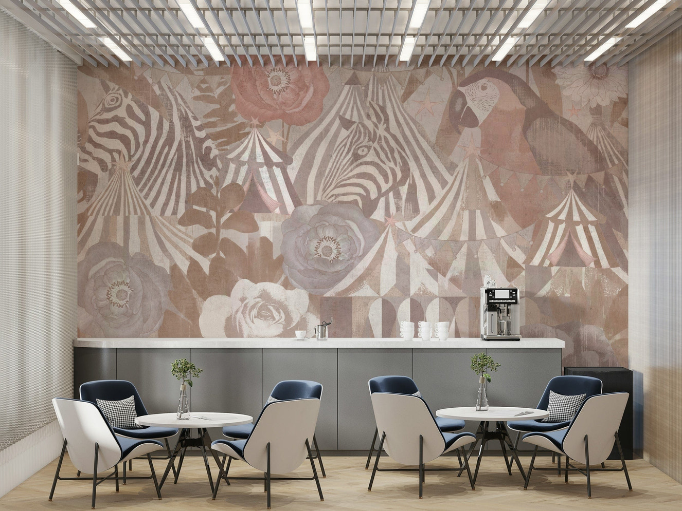 Wall mural with a circus flora vintage carnival theme.

