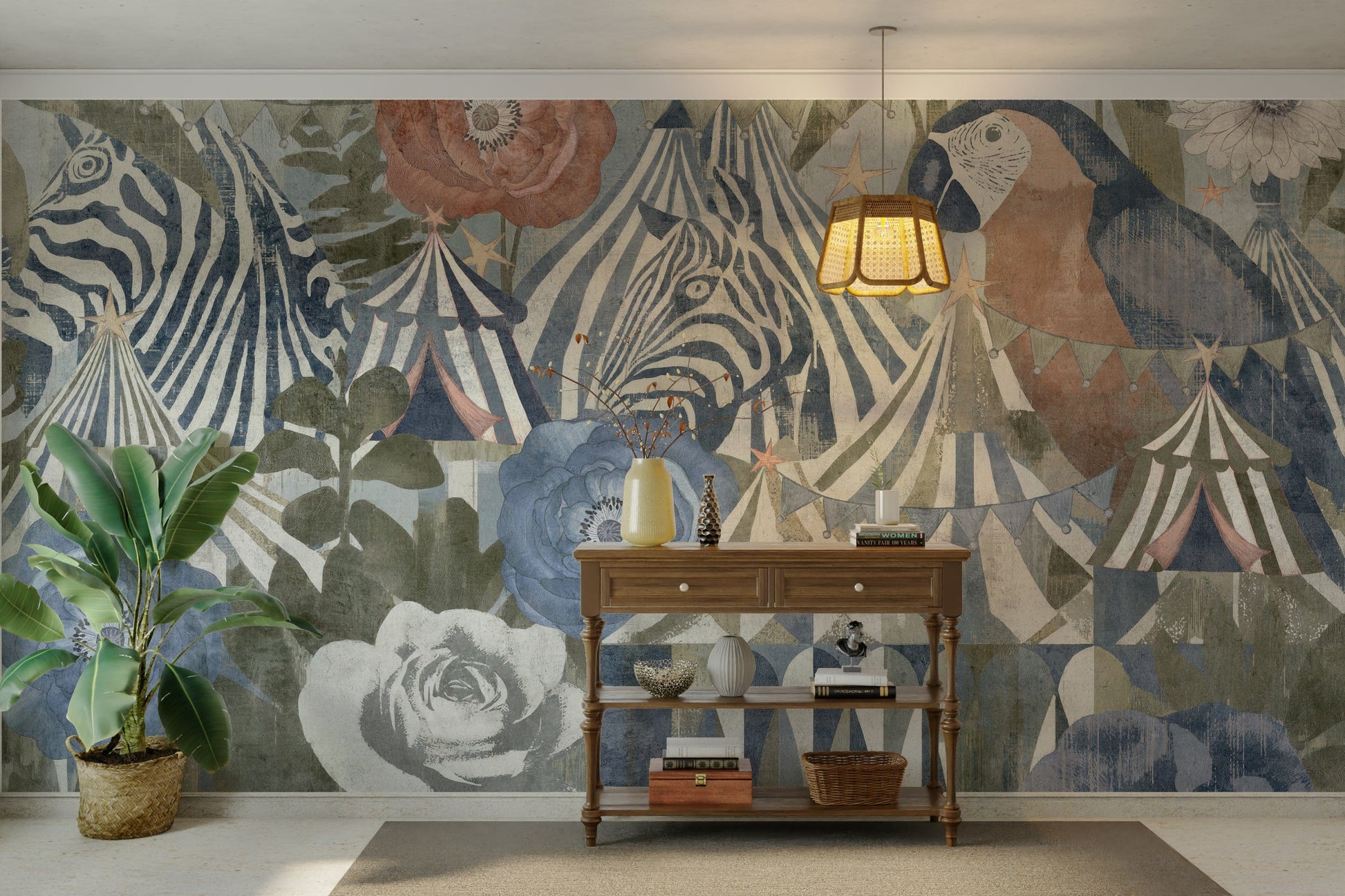 The mural shows a circus tent and carousel horse.

