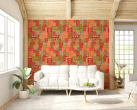 Colourful geometric city wallpaper for home office backdrop, sunny retro look