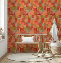 Vintage travel city wallpaper for dining area feature wall, sunny hues and bold shapes
