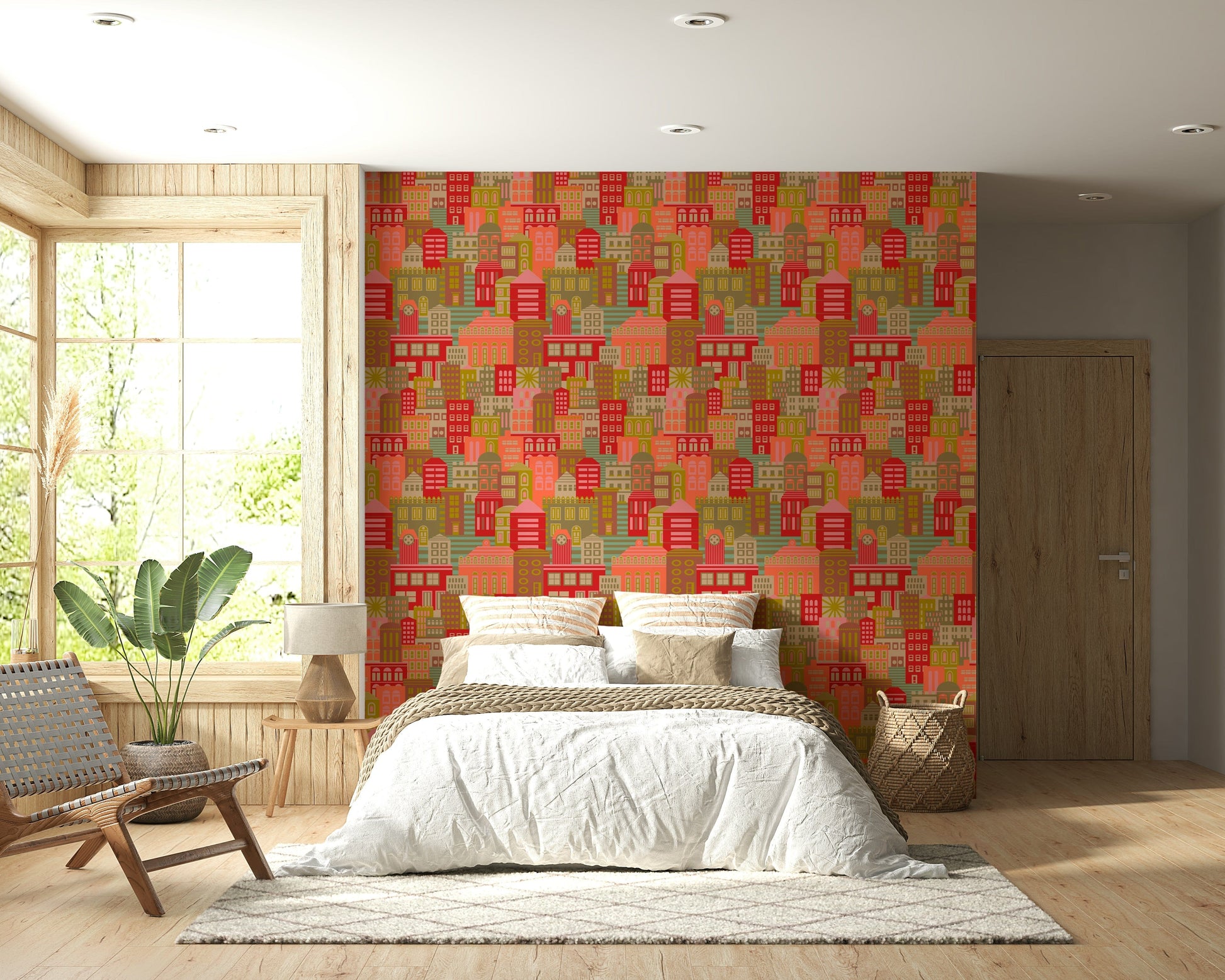 Bright geometric building pattern wall mural for study room, sunny vintage tones