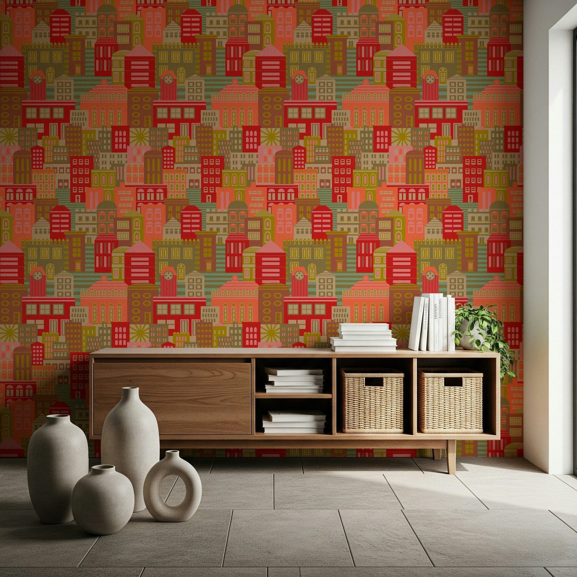 Mid-century cityscape wallpaper behind sofa, colourful blocks and crisp outlines