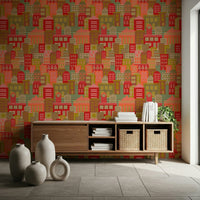 Mid-century cityscape wallpaper behind sofa, colourful blocks and crisp outlines