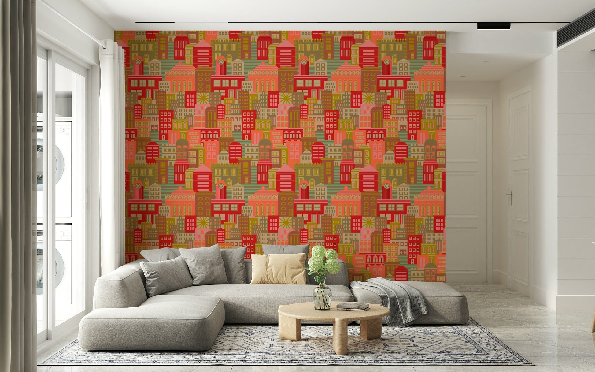 Vintage travel cityscape mural with bold shapes and warm tones for bedroom wall decor