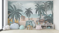 Vintage Coastal Beach wallpaper mural of palms and a campervan behind pastel bean-bag plush toys in a playroom