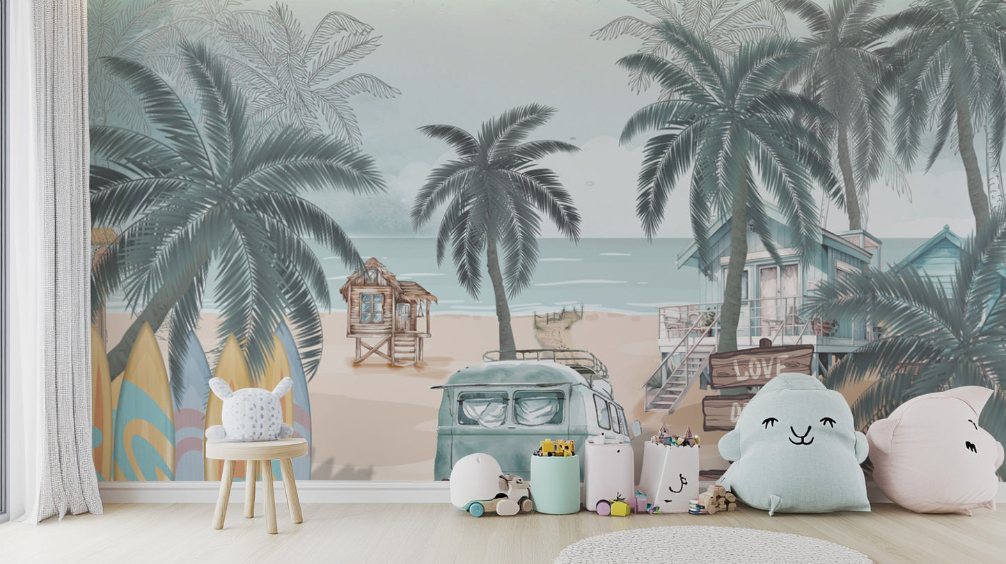 Vintage Coastal Beach wallpaper mural with palms and a campervan beside cloud cushions and toys in a kids room