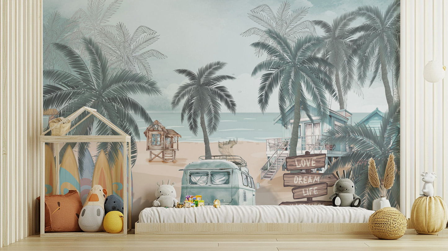 Vintage Coastal Beach wallpaper mural of teal palms and a campervan behind a low kids bed and house-shape shelf