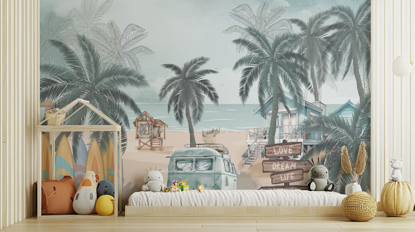 Vintage Coastal Beach wallpaper mural of teal palms and a campervan behind a low kids bed and house-shape shelf