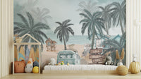 Vintage Coastal Beach wallpaper mural of teal palms and a campervan behind a low kids bed and house-shape shelf