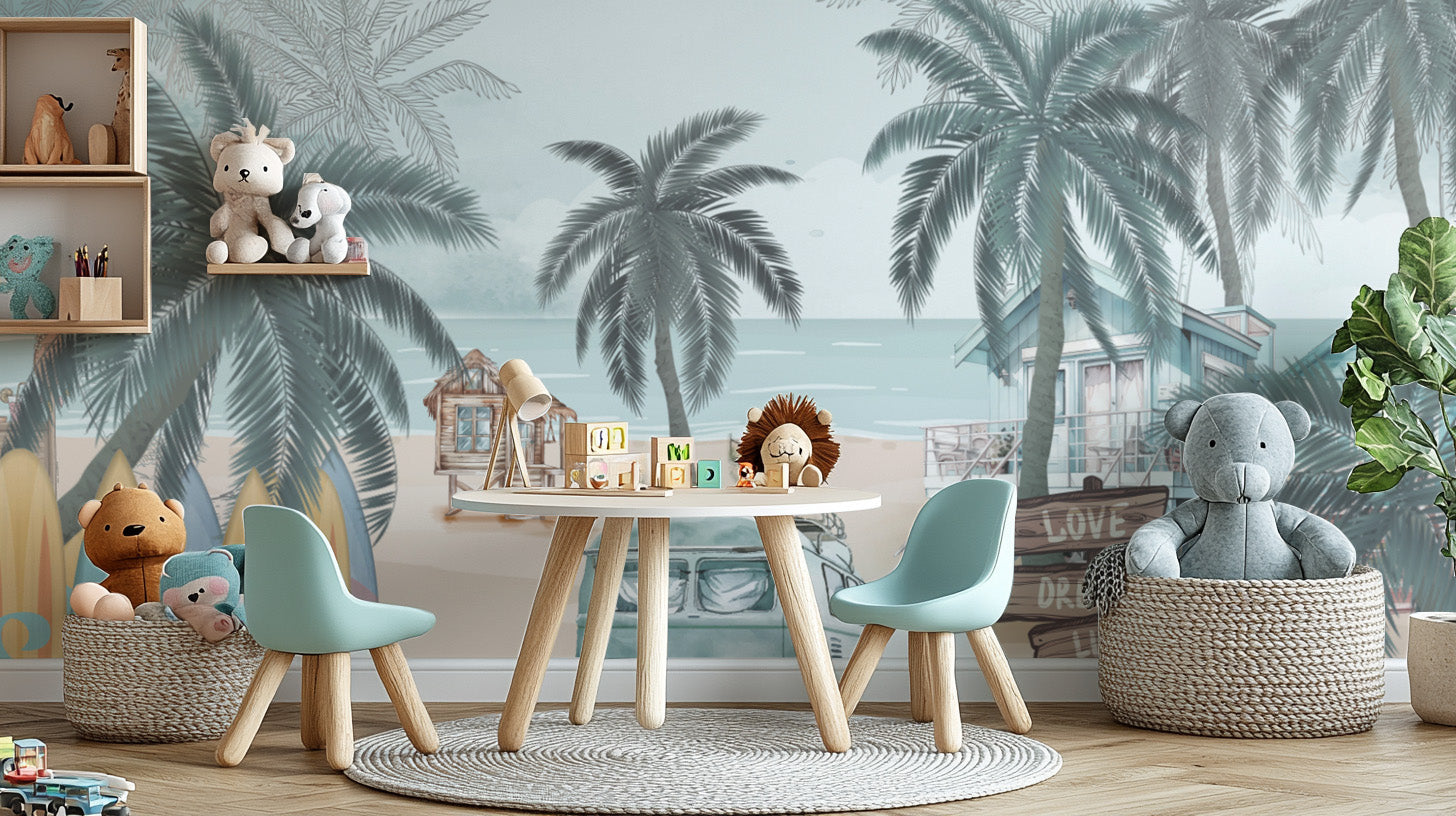 Vintage Coastal Beach wallpaper mural with teal palms and a campervan behind a kids play table and toy baskets