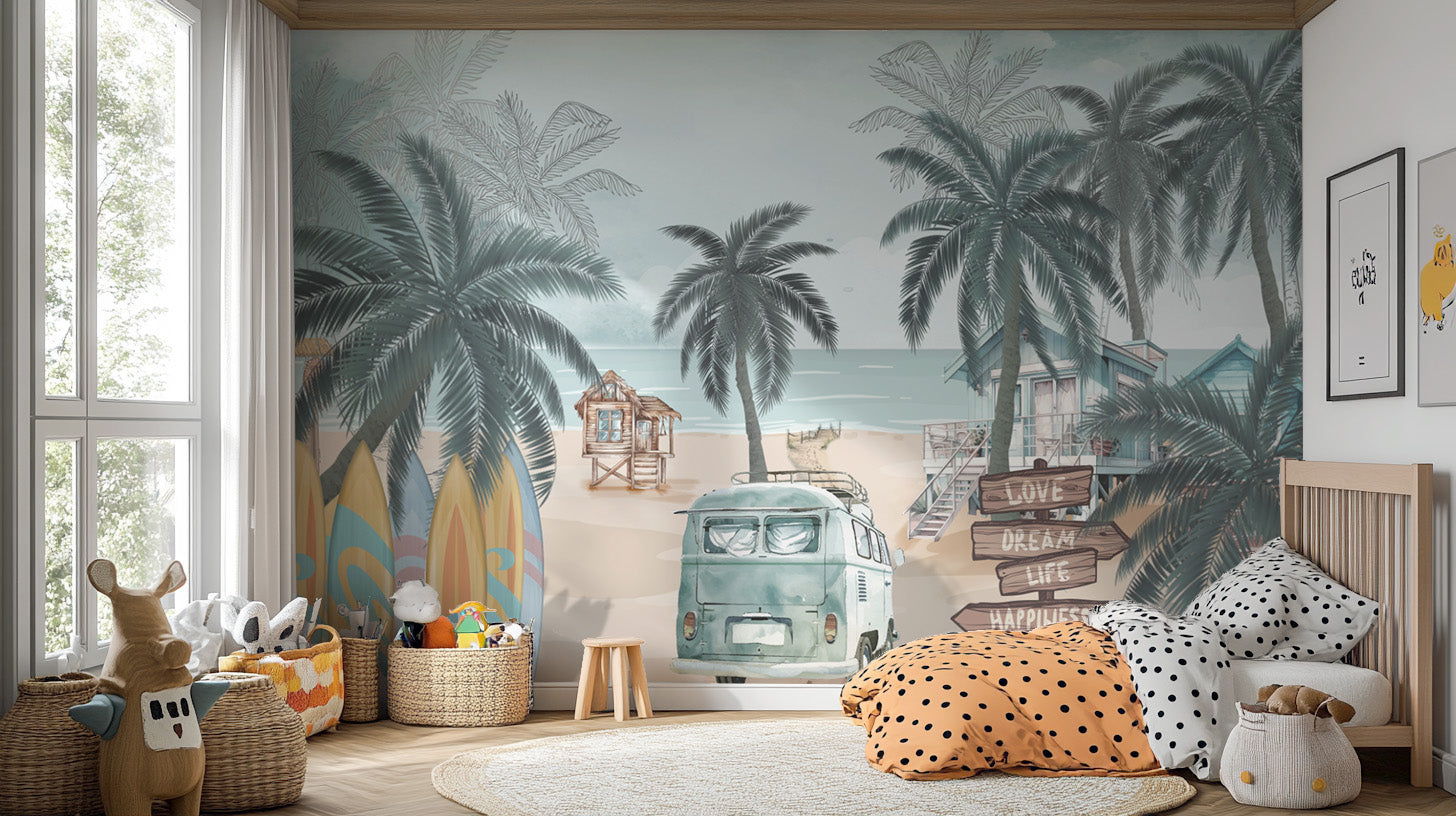 Vintage Coastal Beach wallpaper mural with palms and a campervan above a wooden crib in a bright kids bedroom