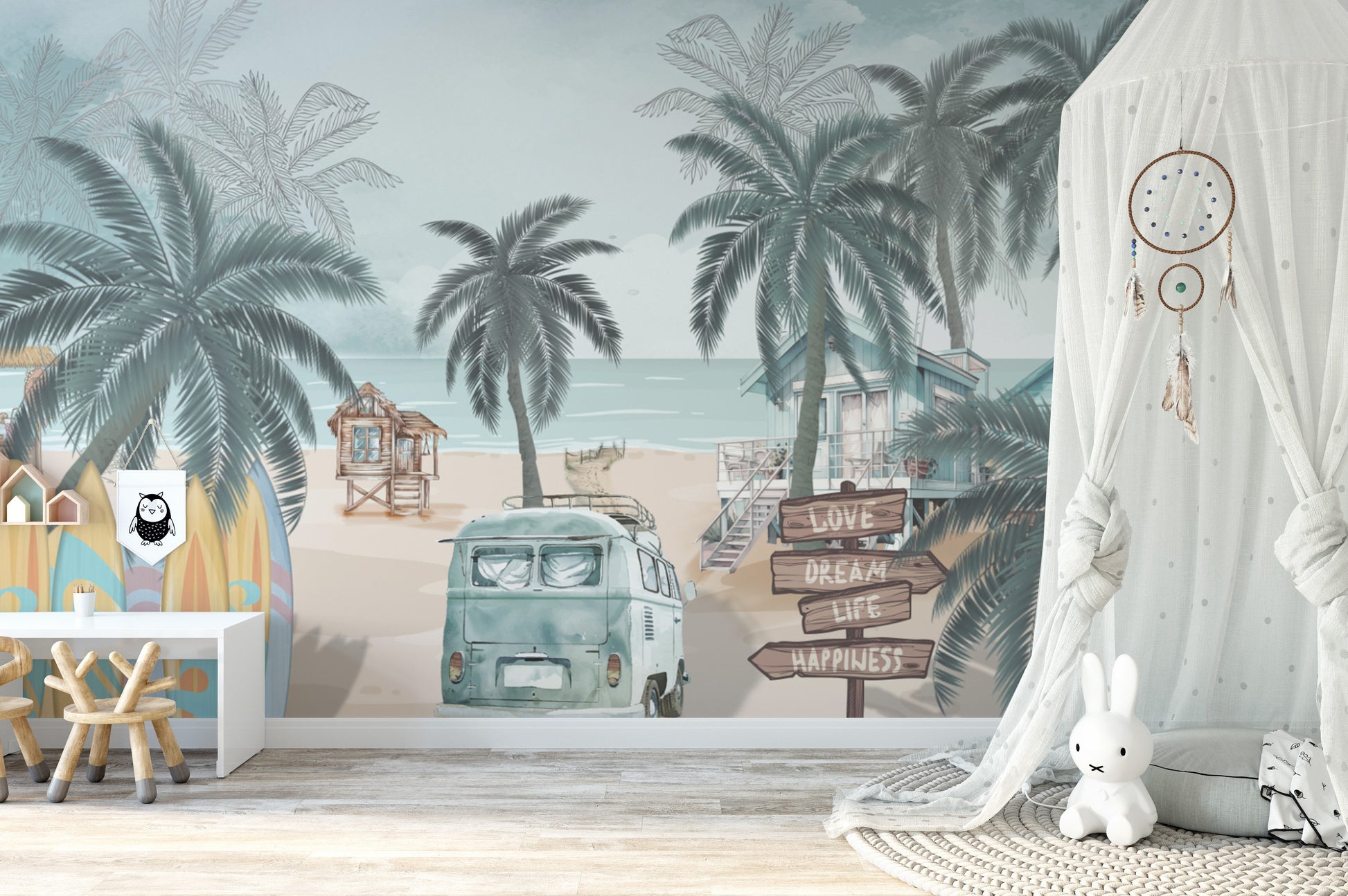 Vintage Coastal Beach wallpaper mural with a campervan and signpost beside a kids table and white play canopy