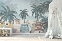 Vintage Coastal Beach wallpaper mural with a campervan and signpost beside a kids table and white play canopy