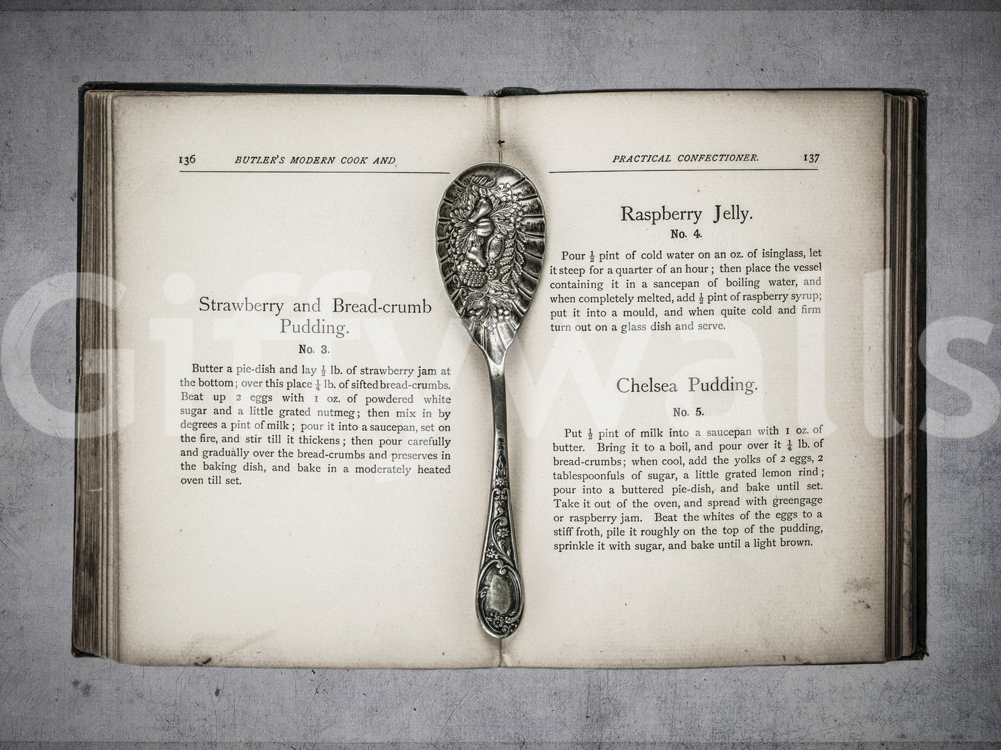 Culinary Antiques wall covering featuring worn book edges and silver details.