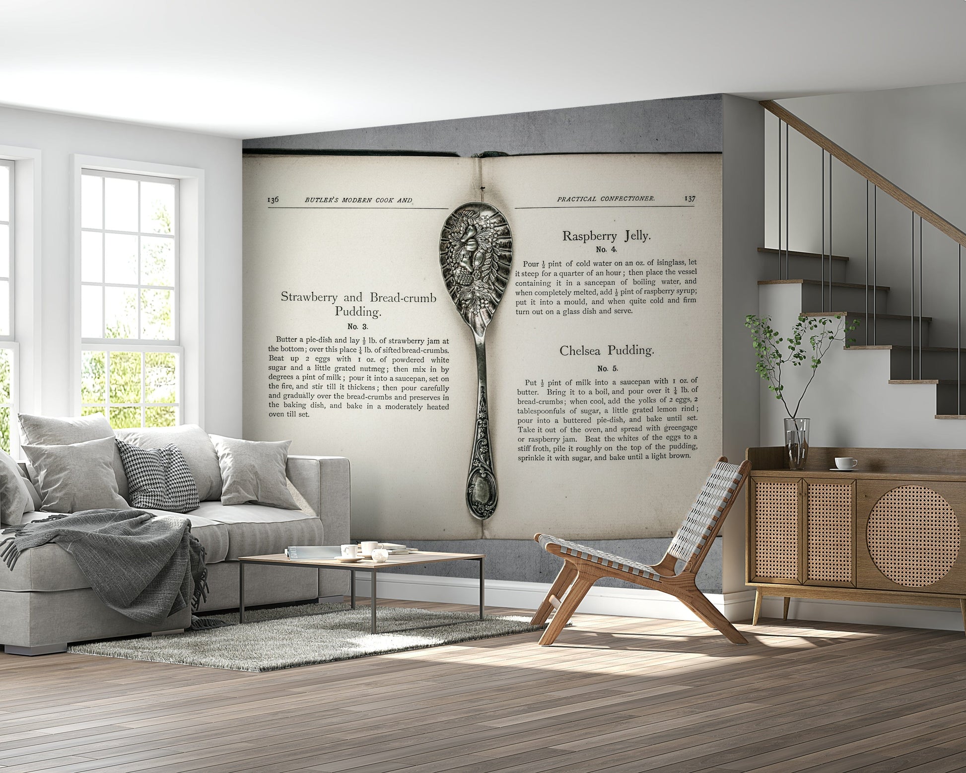 Old fashioned Culinary Antiques wallpaper with typography and metal cutlery accent.