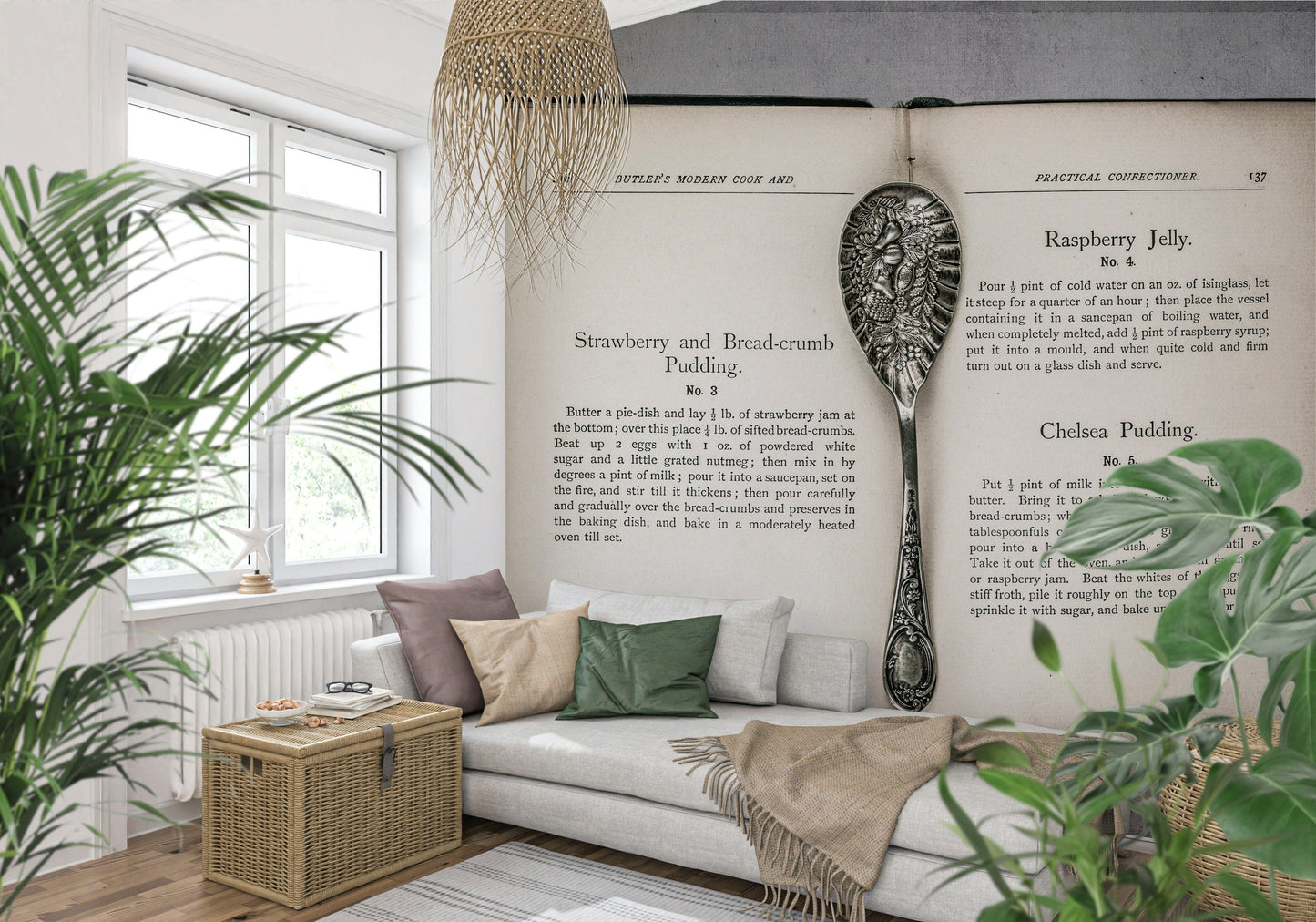 Retro cookery book Culinary Antiques wallpaper for bakery or cafe interior.