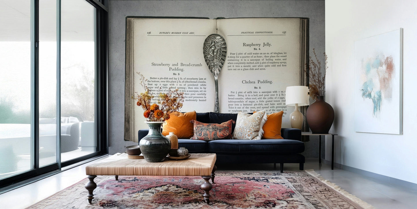 Aged paper texture Culinary Antiques wallpaper mural with historic pudding recipes text.