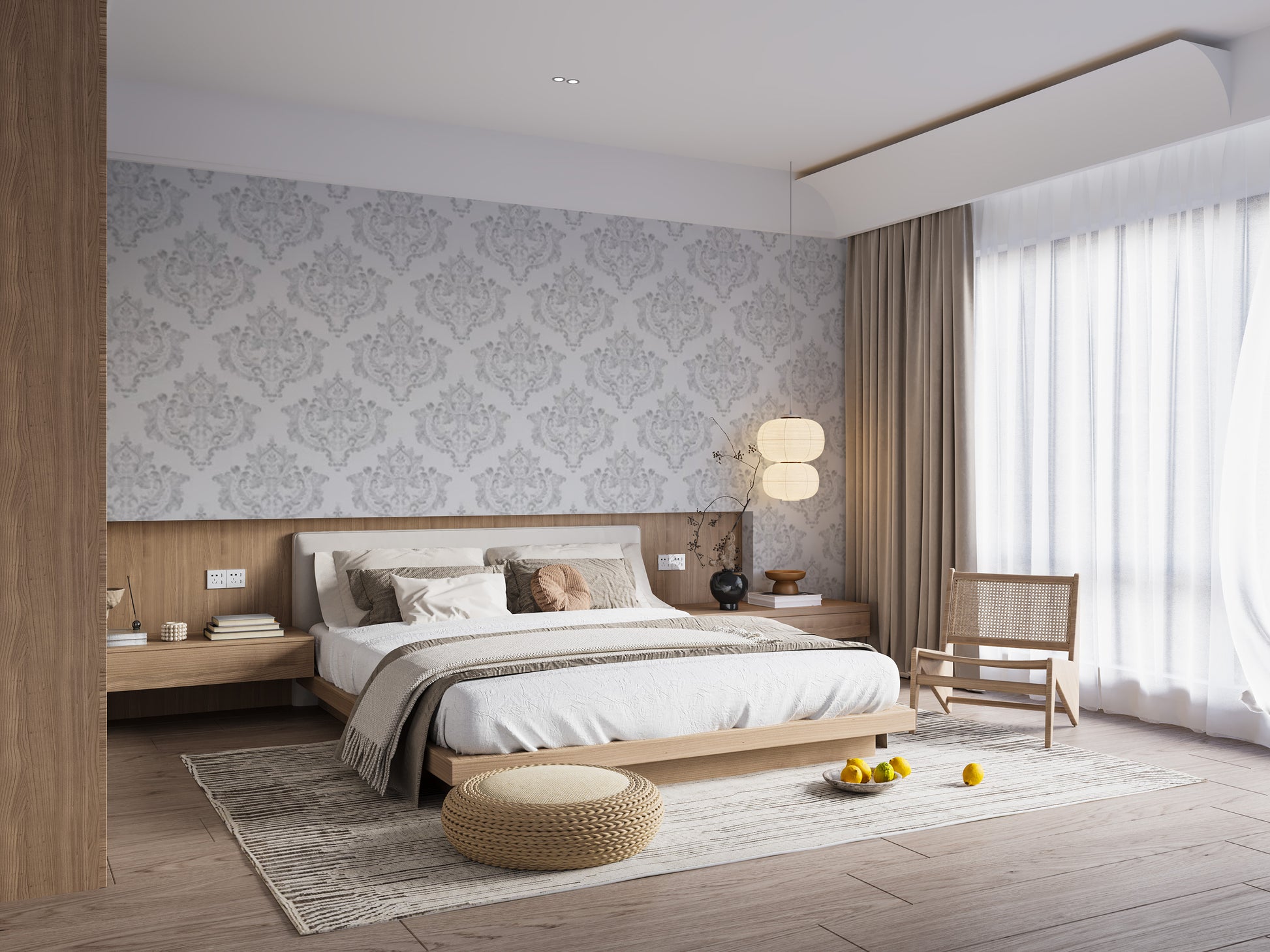 Sophisticated damask repeat wallpaper in grey and white tones.