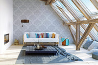 Vintage-inspired grey damask wallpaper with a white base.