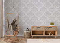 Grey on white damask wallpaper for timeless wall decor.