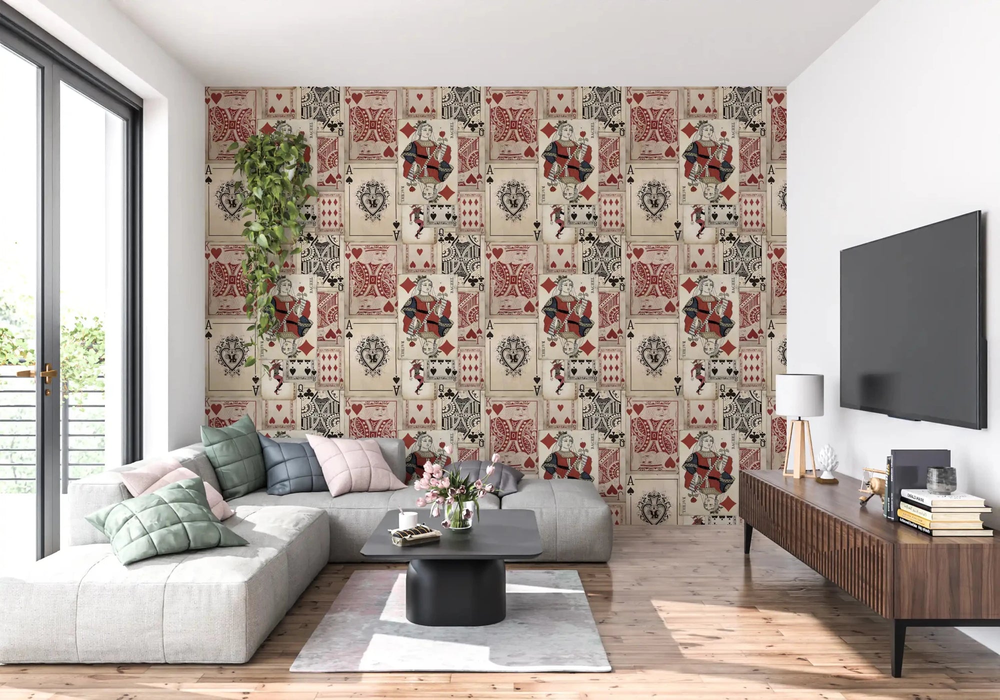 Vintage deck wall mural bringing a bold casino mood to a Living room