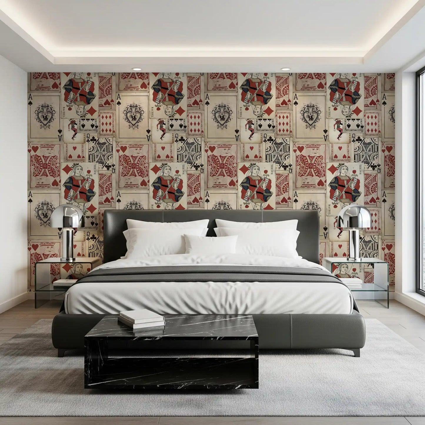 Vintage playing card wall mural creating a classic club feel in a Bedroom