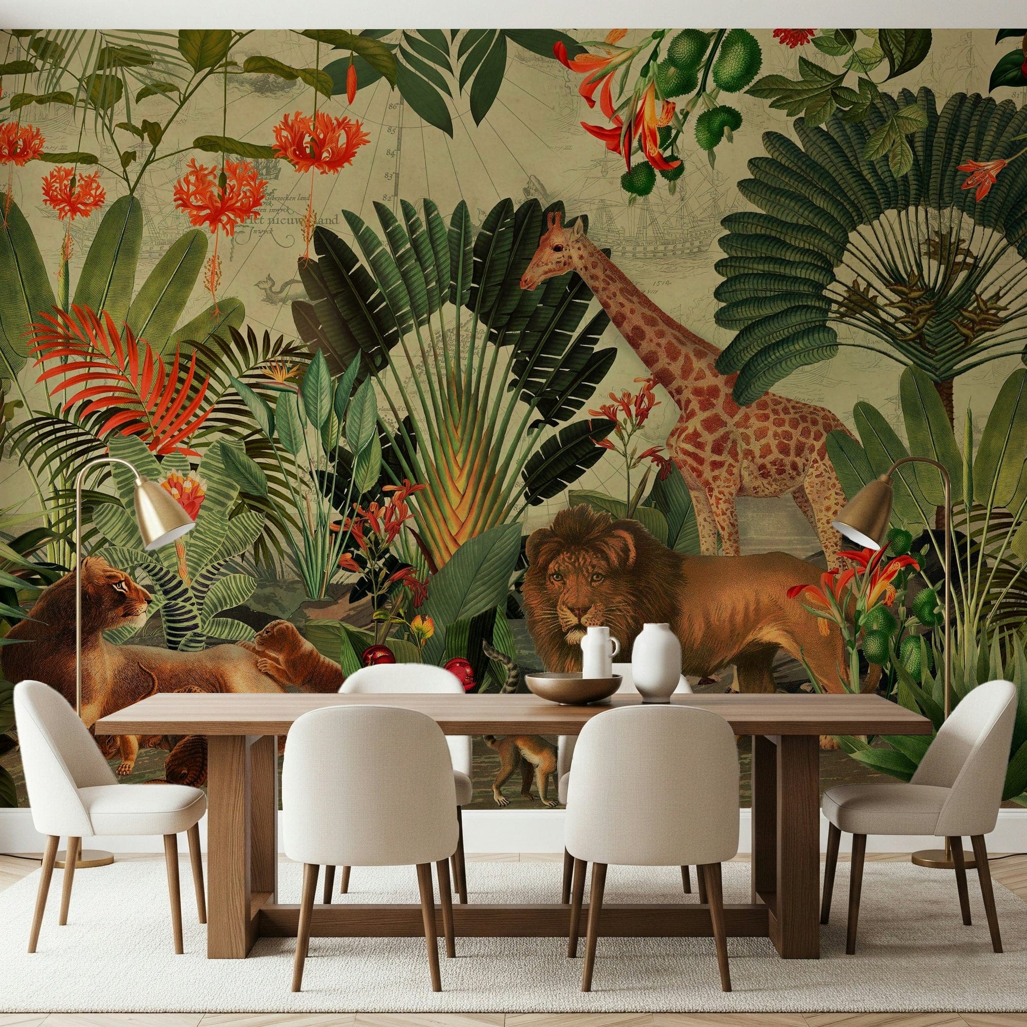 Vintage Explorer's Dream jungle mural behind a wood dining table and cream chairs in a dining room