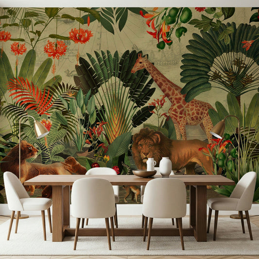 Vintage Explorer's Dream jungle mural behind a wood dining table and cream chairs in a dining room