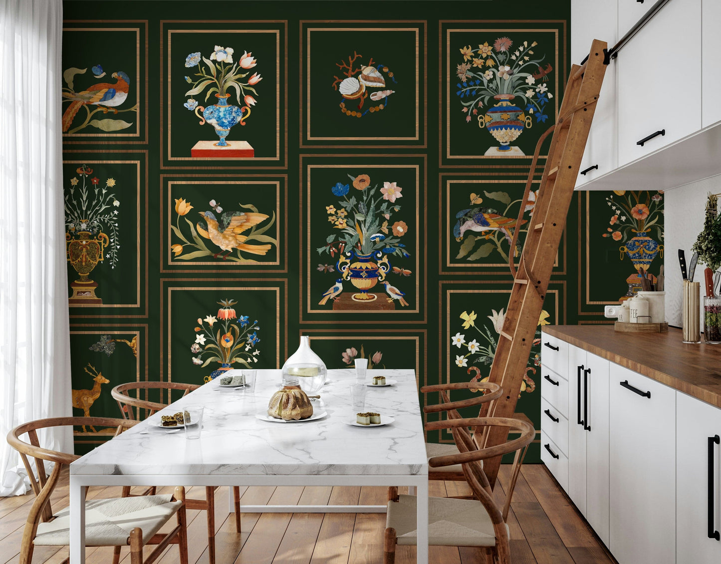 Reading corner wall with floral and bird panels wallpaper, nature detail and clean lines