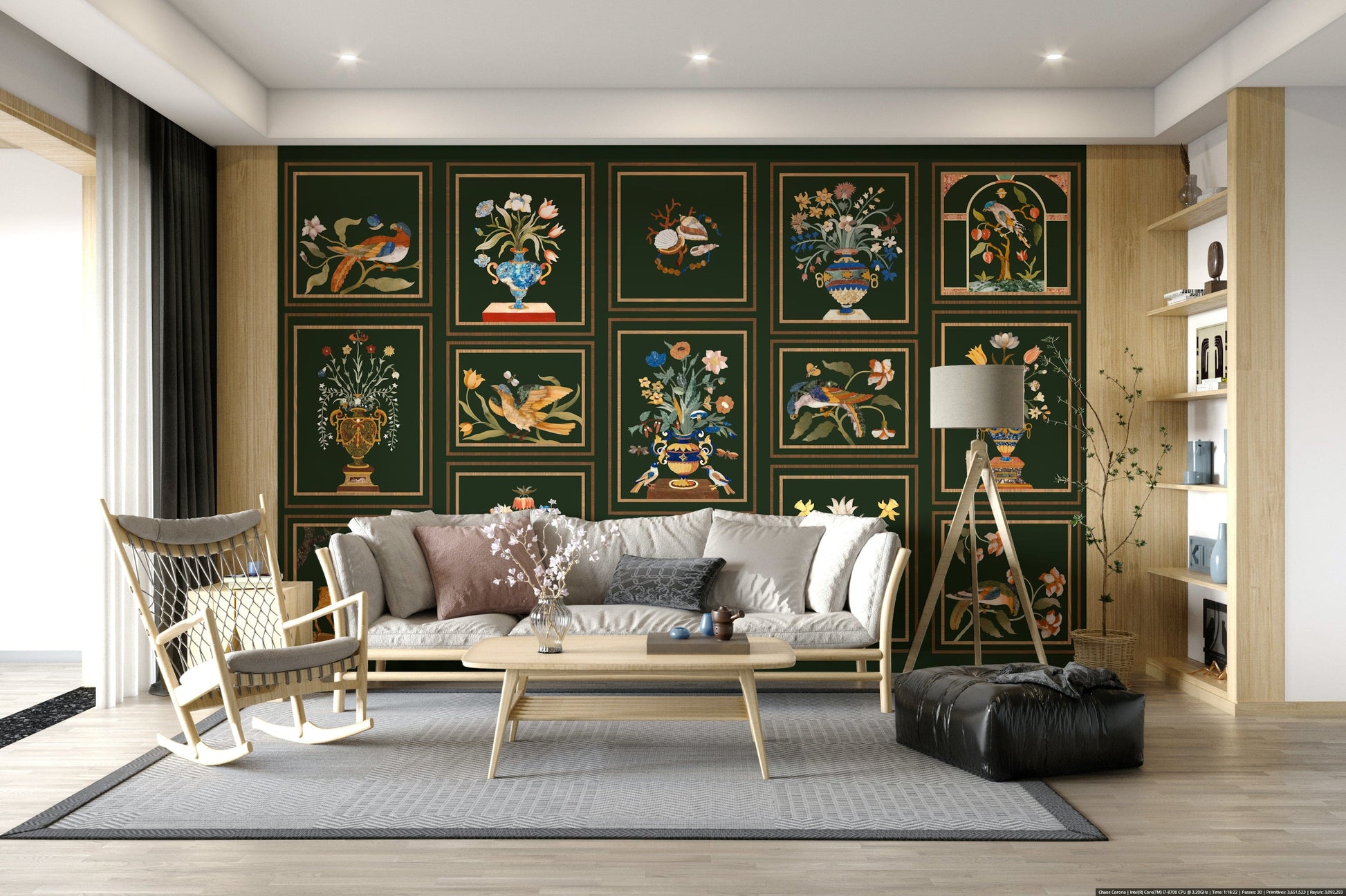 TV wall with Floral & Fauna Panels mural, panel pattern and calm colour palette