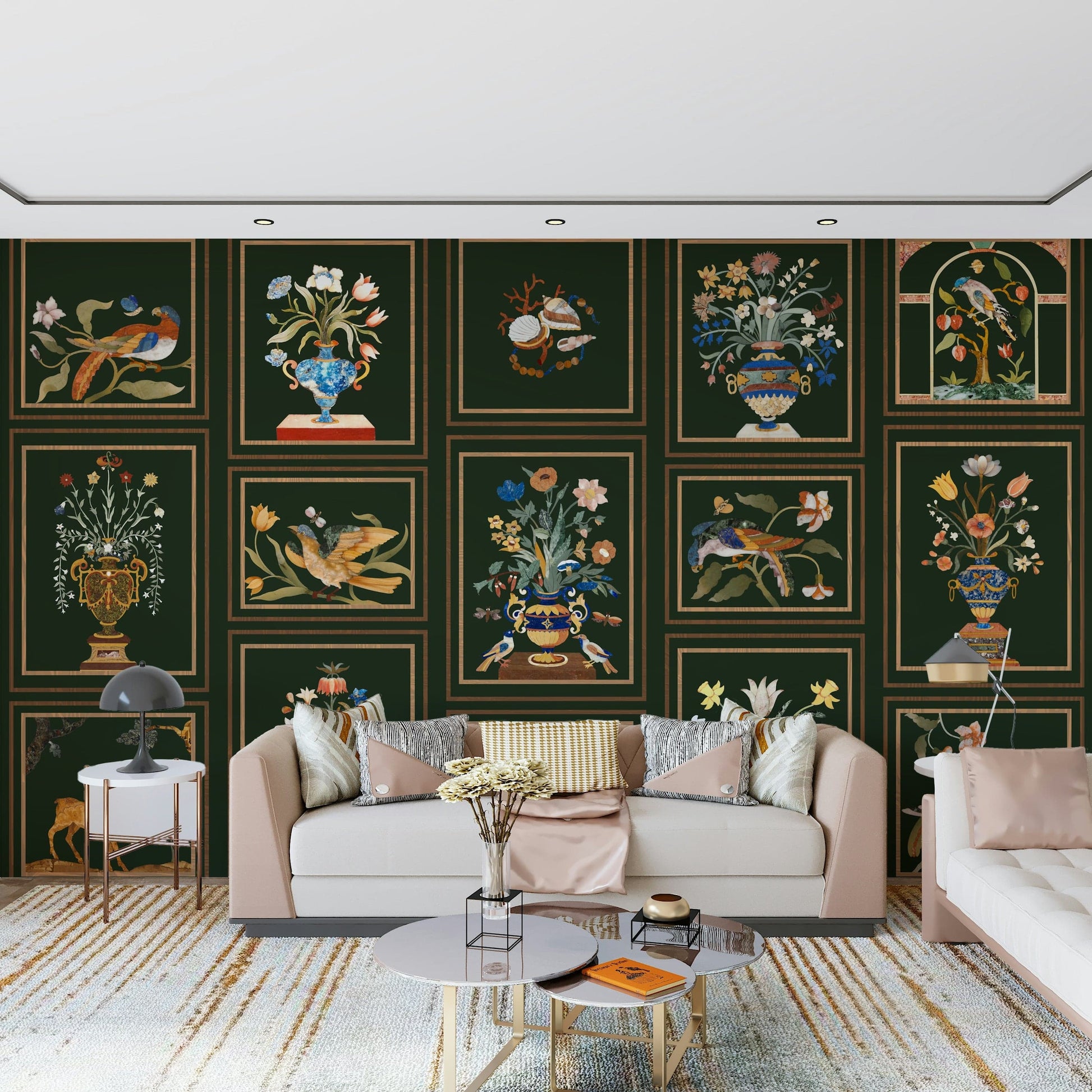 Entryway feature wall with panel wallpaper, neat sections and floral detail